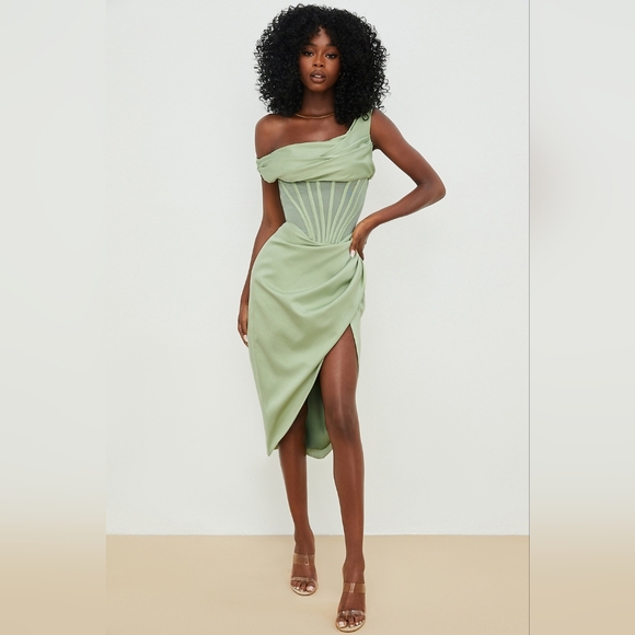 16. NWT HOUSE OF CB LULU PISTACHIO ASYMMETRIC DRAPE MIDI CORSET DRESS - Picture 5 of 13
